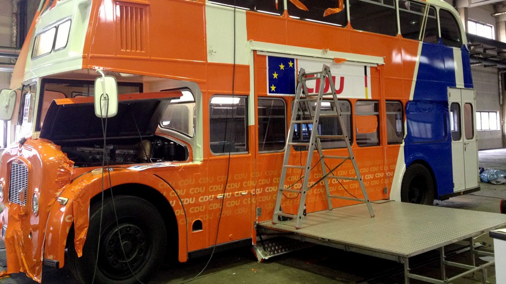 CDU Europawahlen 2014 Wahlkampf auf Europäisch teAM Deutschland Promotion Euroliner Full-Wrapping Wahlkampfbus Werbeproduktion Branding Beklebung